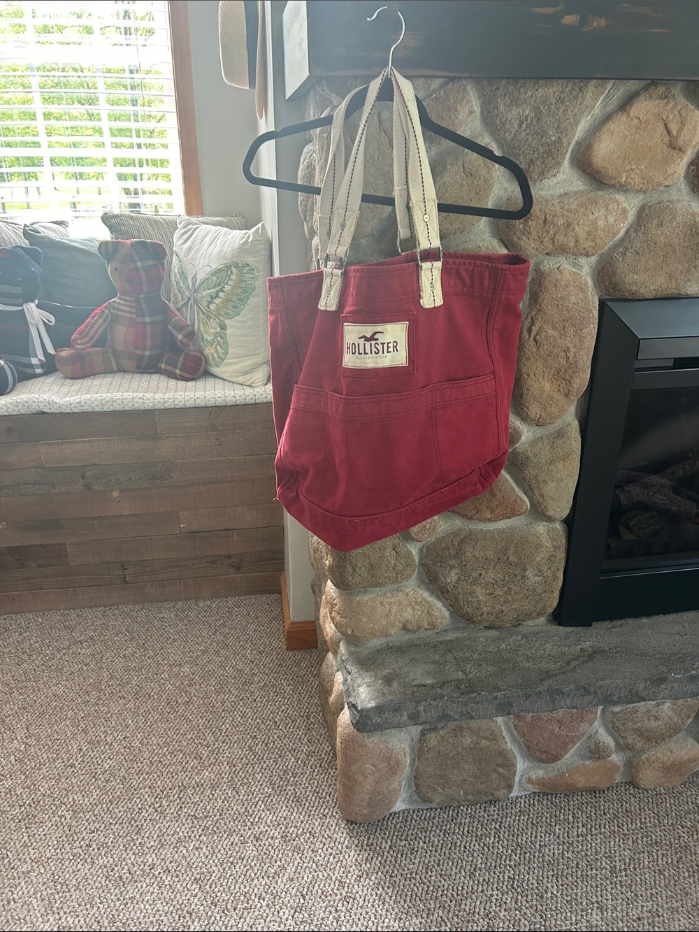 Hollister Crimson Canvas Tote with Ivory Straps